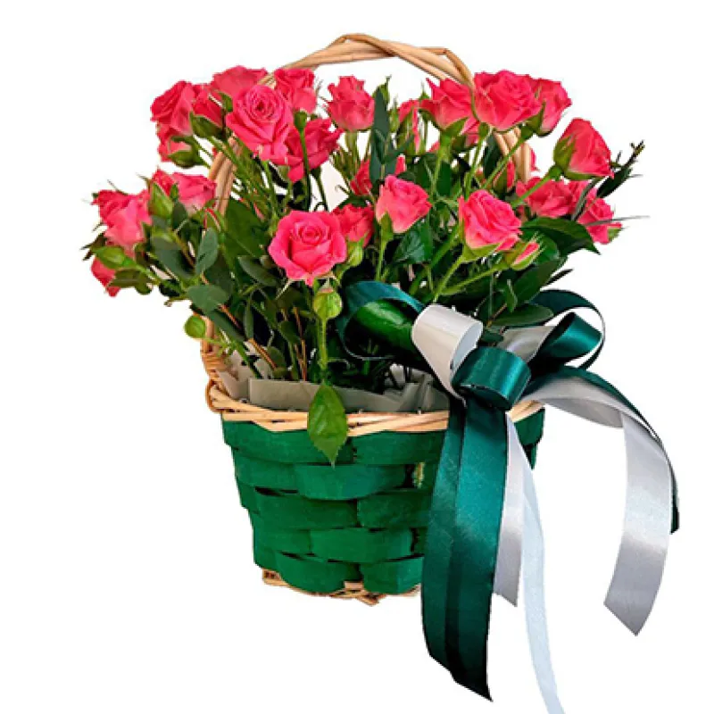 Корзинка с розовыми кустовыми розами, доставка Славянка (Прим. Кр.)